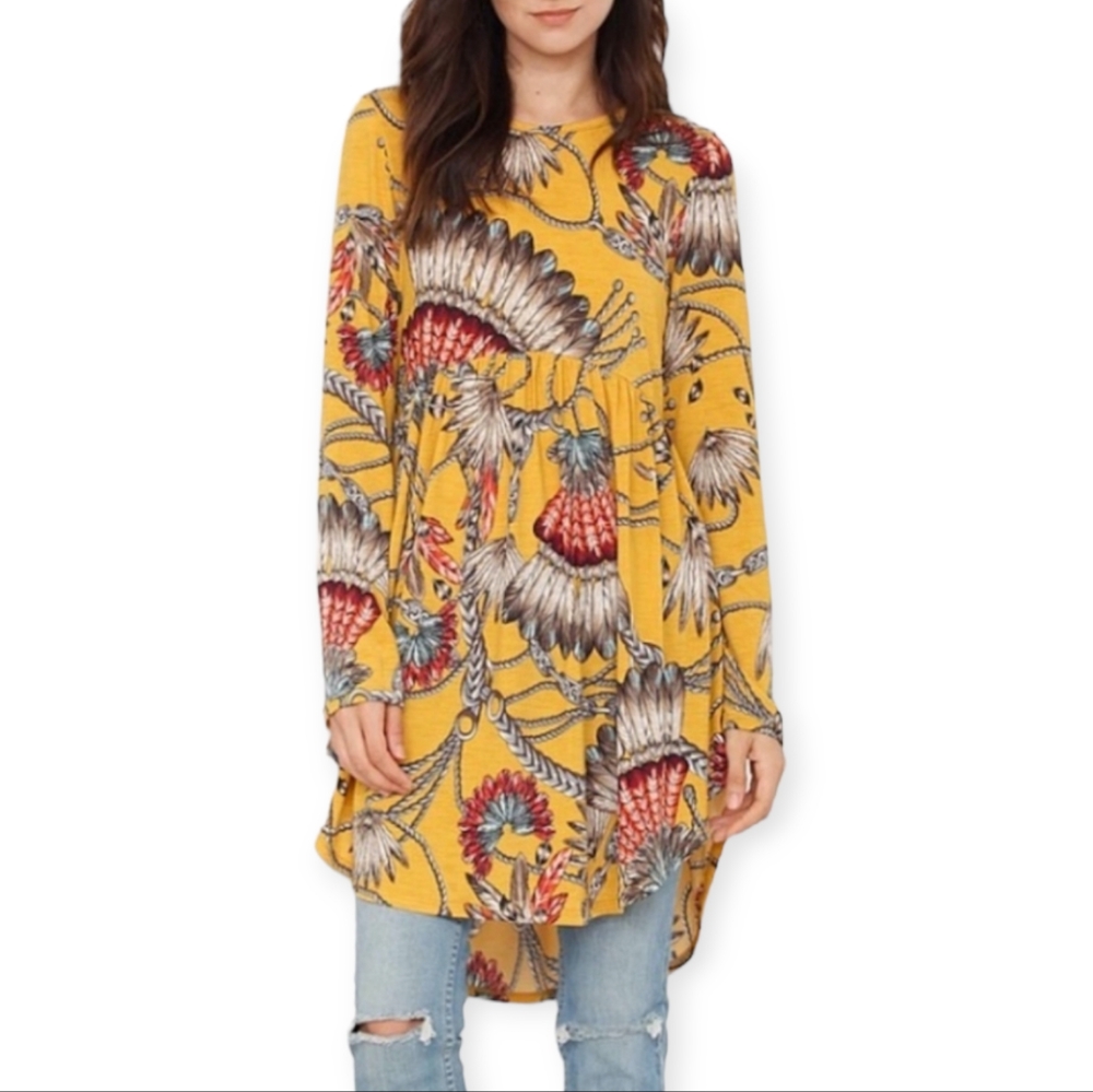 Boho Mustard Floral Hi Low Tunic Top Empire Waist Long Sleeve Blouse